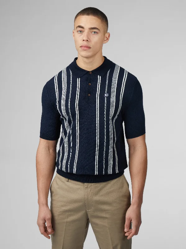 Men's Sweaters with Kangaroo PocketsB by Ben Sherman Crinkle Cotton Stripe Polo - Dark Navy