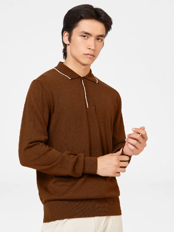 Men's Sweaters with Relaxed FitsTipped Merino Knit Sweater Polo - Brown