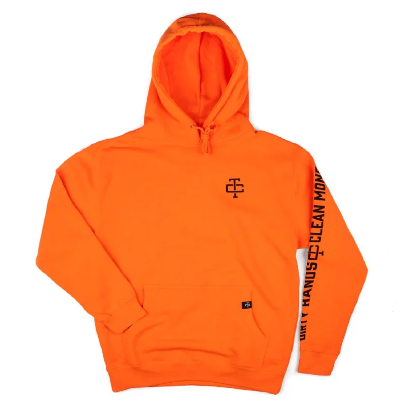 Classic Men's Cotton HoodiesTroll Co. Men's Blaze Orange "Dirty Hands Clean Money" Sleeve Logo Hoodie