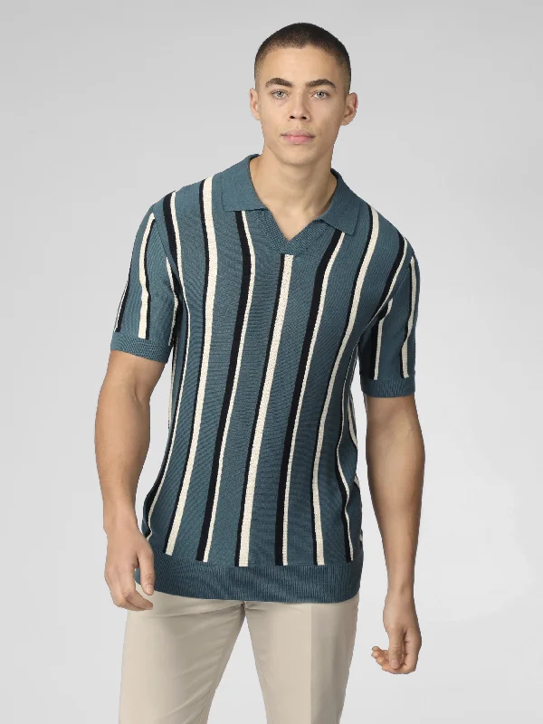 Men's Sweaters with ZippersSignature Vertical Stripe Open Neck Polo - Teal