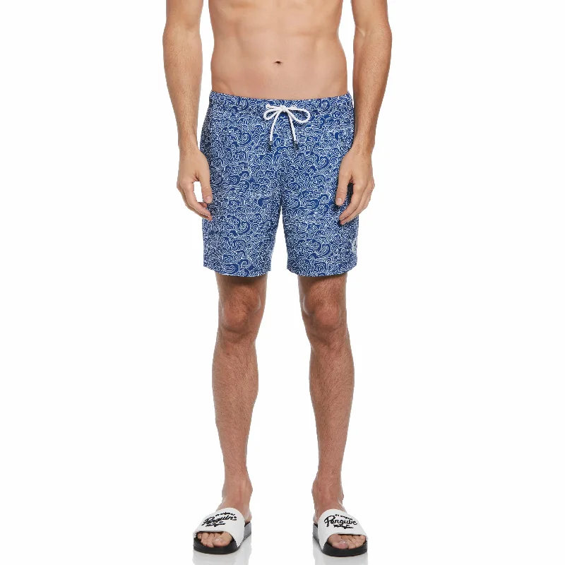 Allover Outline Waves Print Swim Short