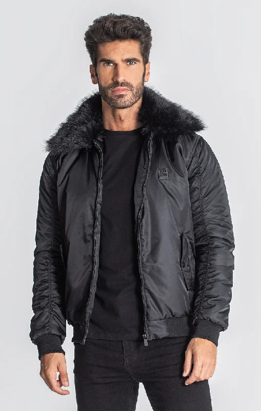 Men's Coats with Fur TrimBlack Hollywood Bomber Jacket