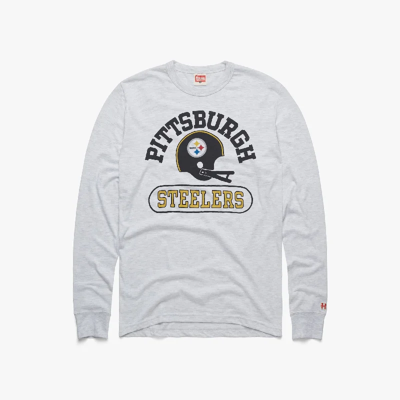 Men's Shirts with Geometric PatternsPittsburgh Steelers Throwback Helmet Long Sleeve Tee