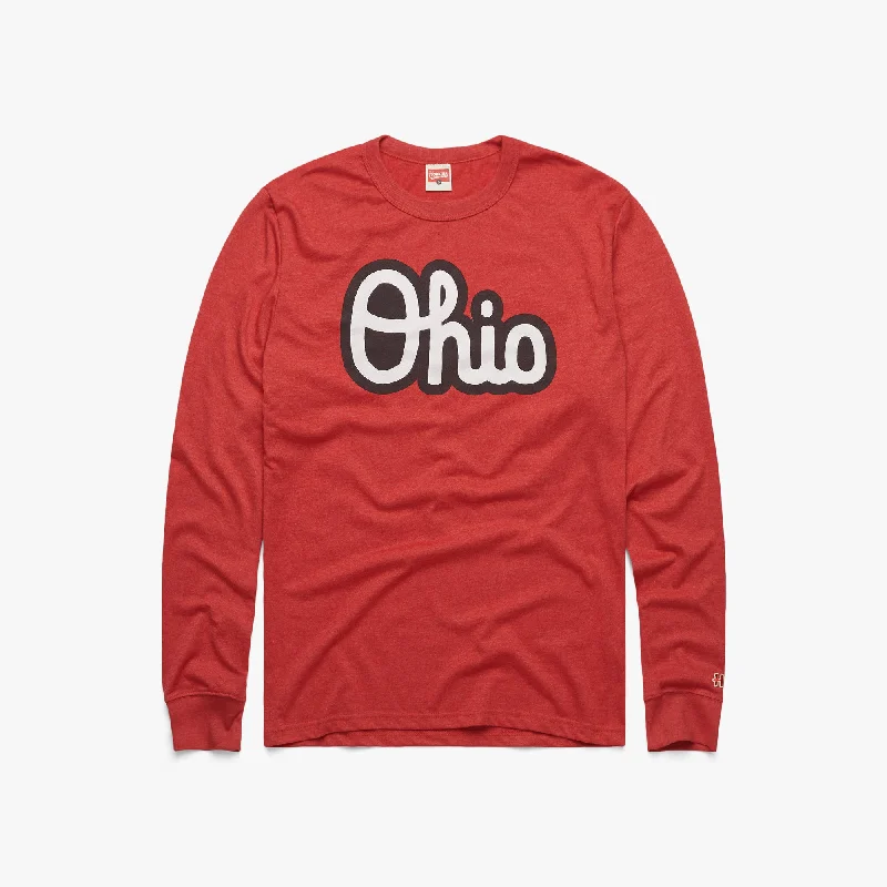 Men's Shirts with Single-Breasted DesignsScript Ohio Outline Long Sleeve Tee